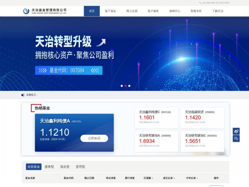 【天治基金】天治基金管理有限公司<b>※</b>2024年10月29日网站截图