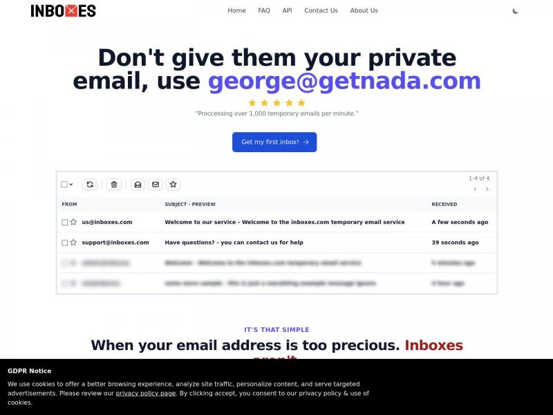 【Inboxes】一次性临时电子邮件，保护您的收件箱免受垃圾邮件的侵害<b>※</b>2024年01月08日网站截图