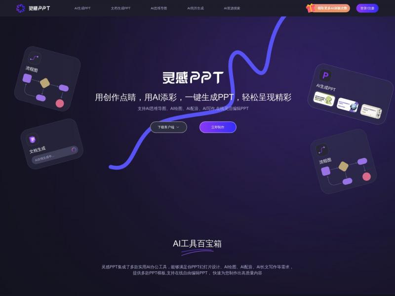 【AI灵感PPT】免费一键PPT生成工具,支持AI绘图、AI配音、AI写作等AI办公工具,万字文档快捷总结PPT,在线自由编辑设计PPT,<b>※</b>2024年05月28日网站截图