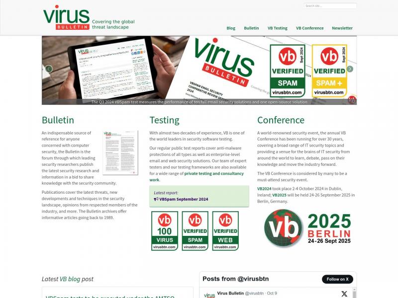 【Virus Bulletin】Virus Bulletin :: Home<b>※</b>2024年11月03日网站截图